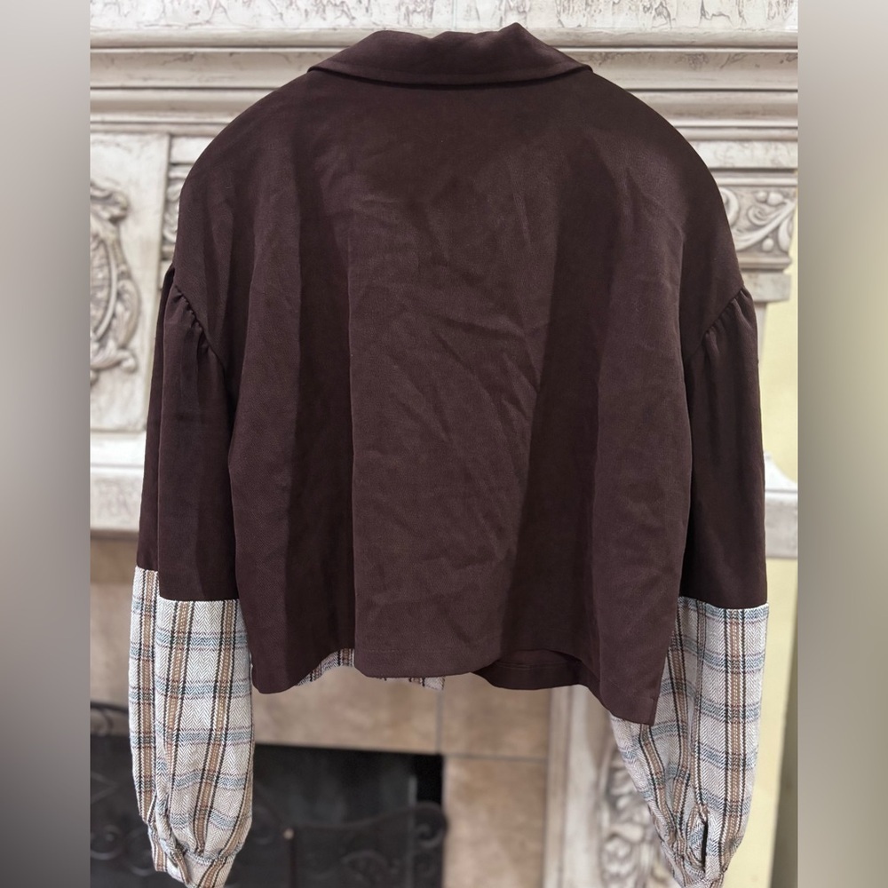 Brown & Plaid Split Patchwork Quilted Style Cropped Shacket Shirt Size Large - Picture 2 of 10